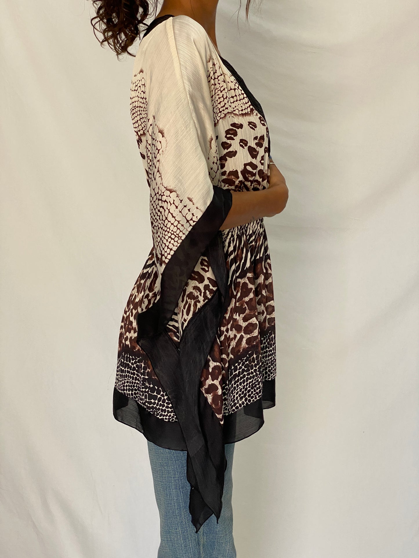 Vintage Y2K Kaelyn-Max Cream & Brown Animal Print Polyester Boho Kaftan Tunic Top - M