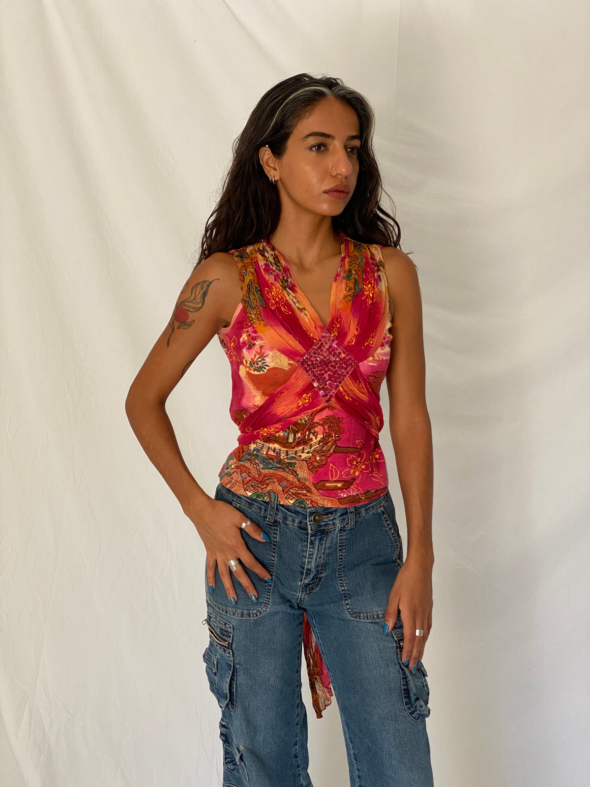 Vintage Y2K Derhy Pink Orange Embellished Floral Boho Draped Sleeveless Top - S Vintage Y2K Derhy Pink Orange Embellished Floral Boho Draped Sleeveless Top - S