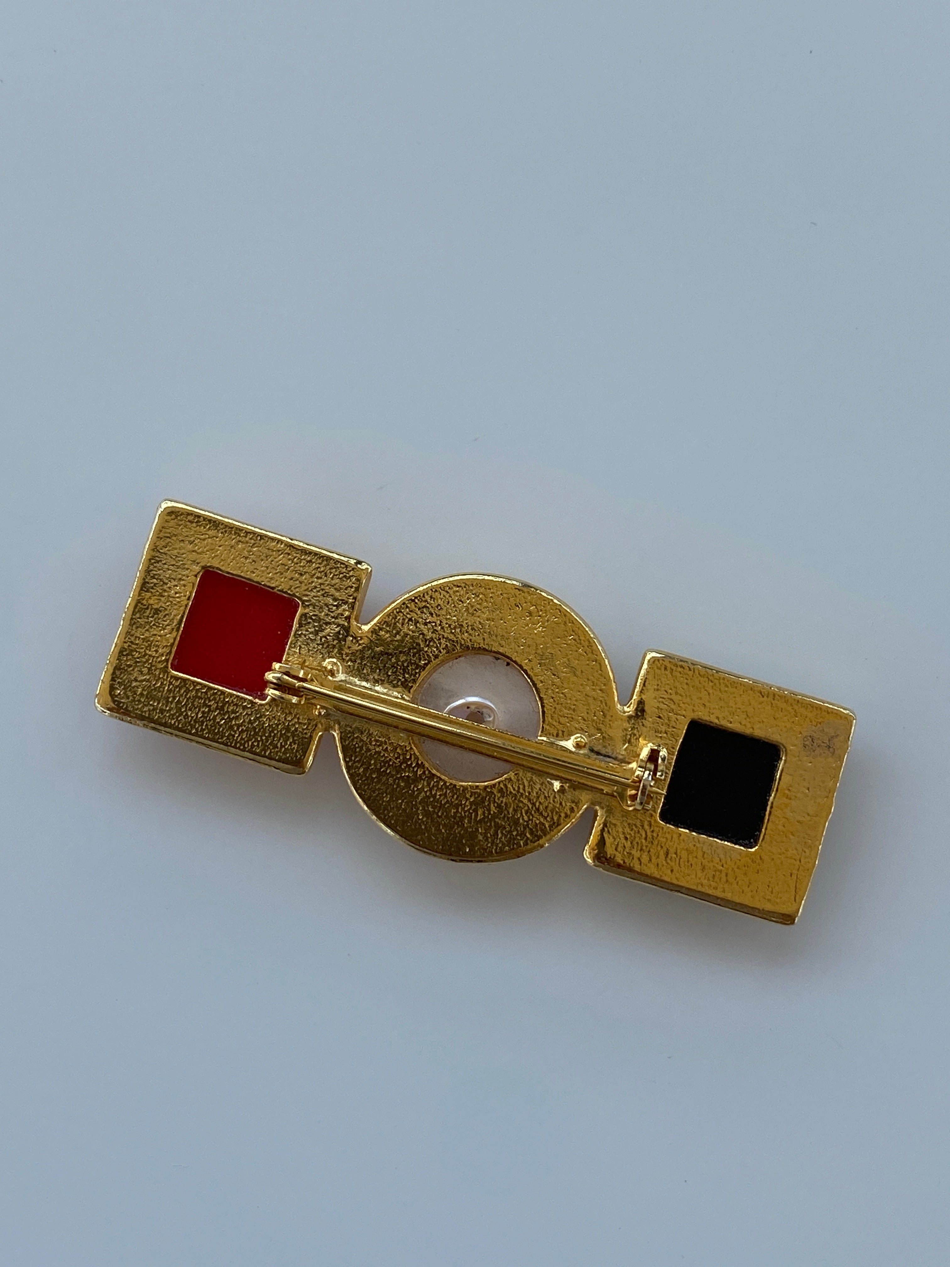 Vintage Geometric Red Black Enamel & Faux Pearl Gold-Tone Brooch