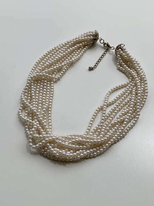 Vintage Cream Multi-Strand Twisted Faux Pearl Torsade Necklace with Filigree Gold End Caps