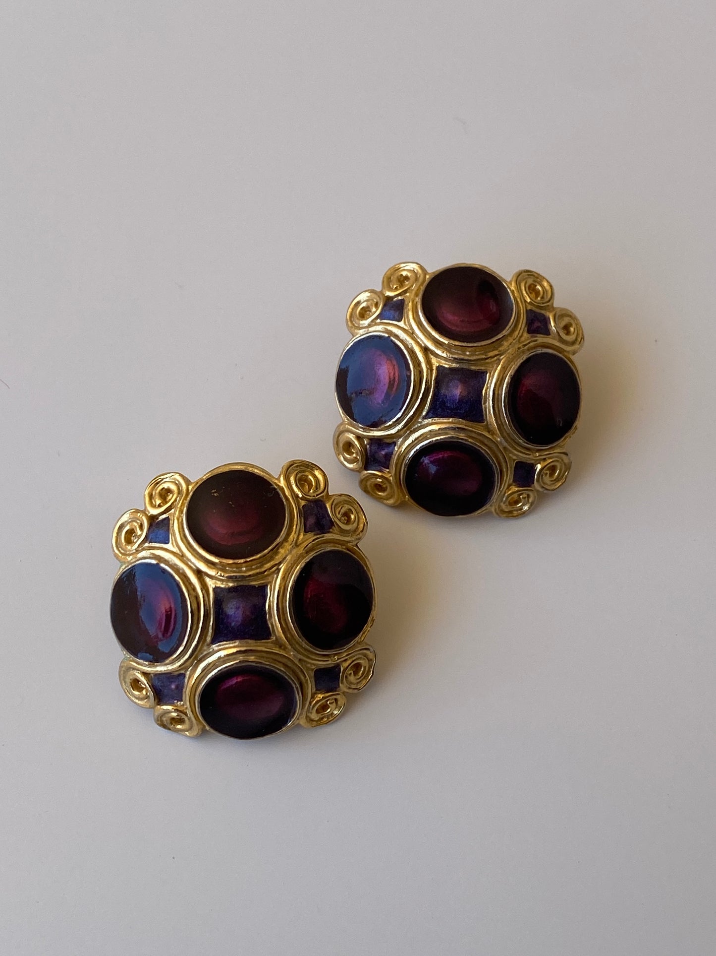 Vintage Jewel Tone Cabochon Stud Gold Tone Purple Statement Earrings