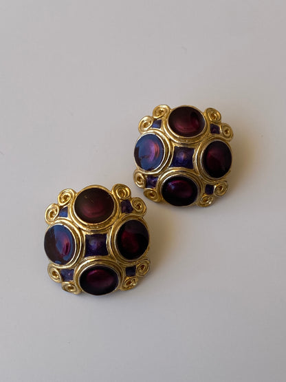 Vintage Jewel Tone Cabochon Stud Gold Tone Purple Statement Earrings