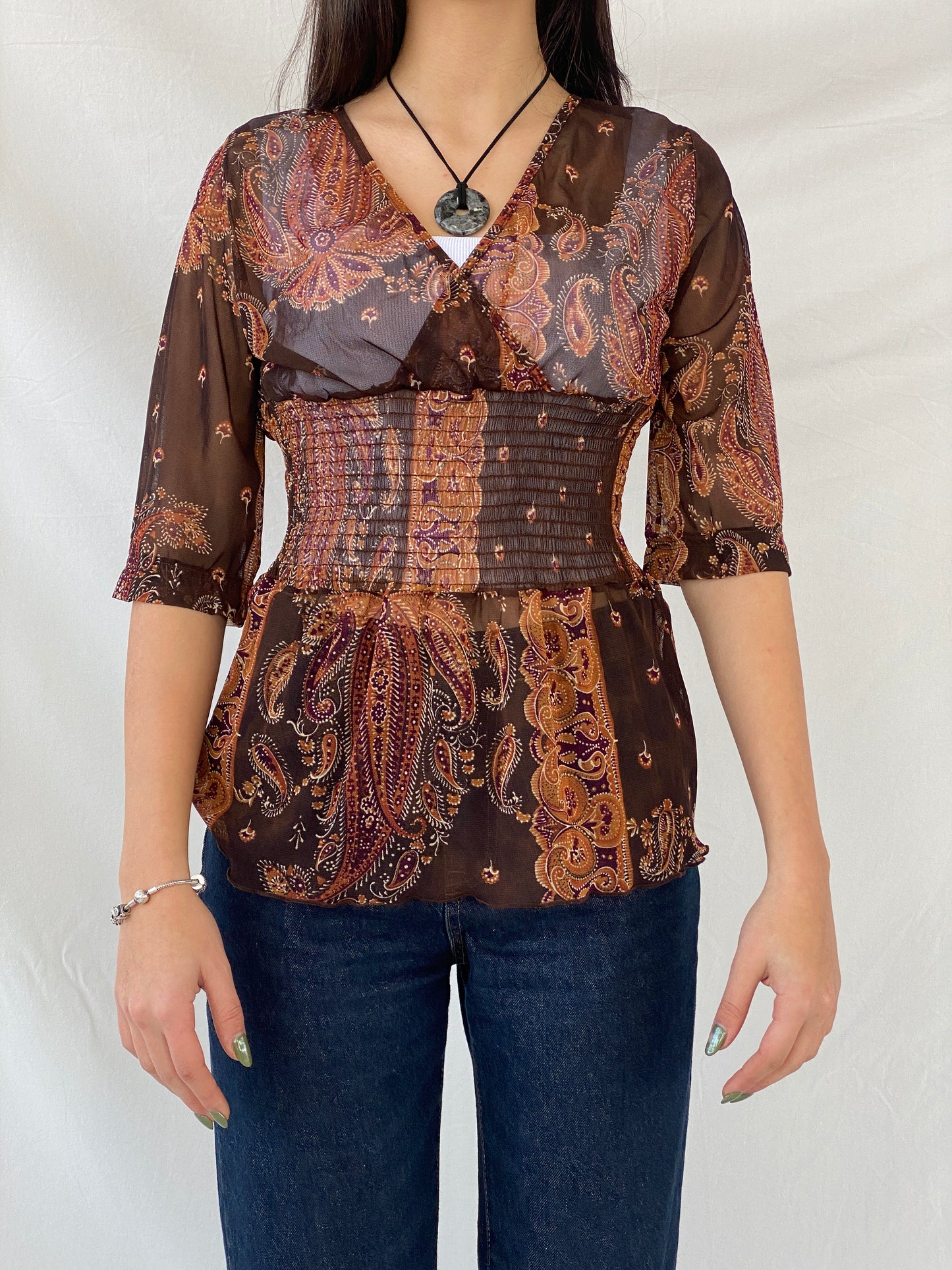 Y2K SAVIDA Brown Paisley Print Sheer Scrunched Waist Top - L