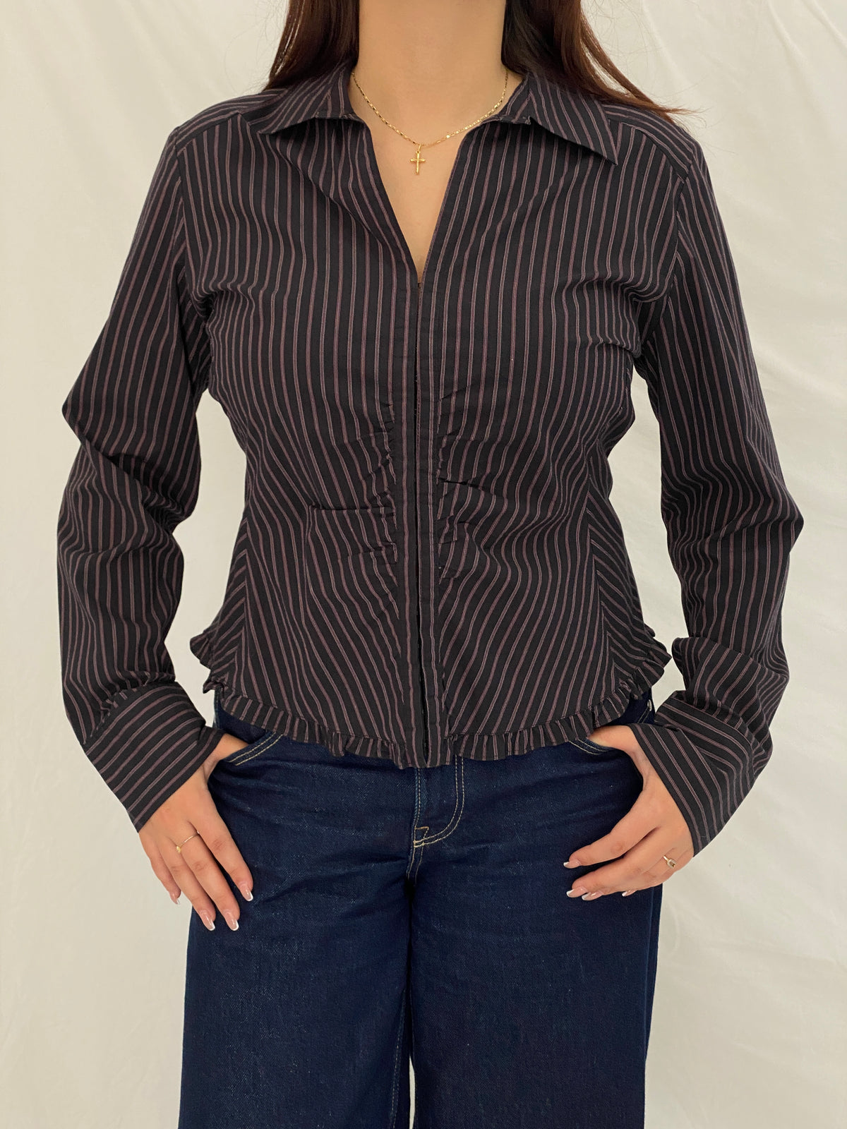 Vintage Y2K RW & Co. Black Pink Pinstripe Ruched Ruffle Zip-Up Blouse - XL Vintage Y2K RW & Co. Black Pink Pinstripe Ruched Ruffle Zip-Up Blouse - XL