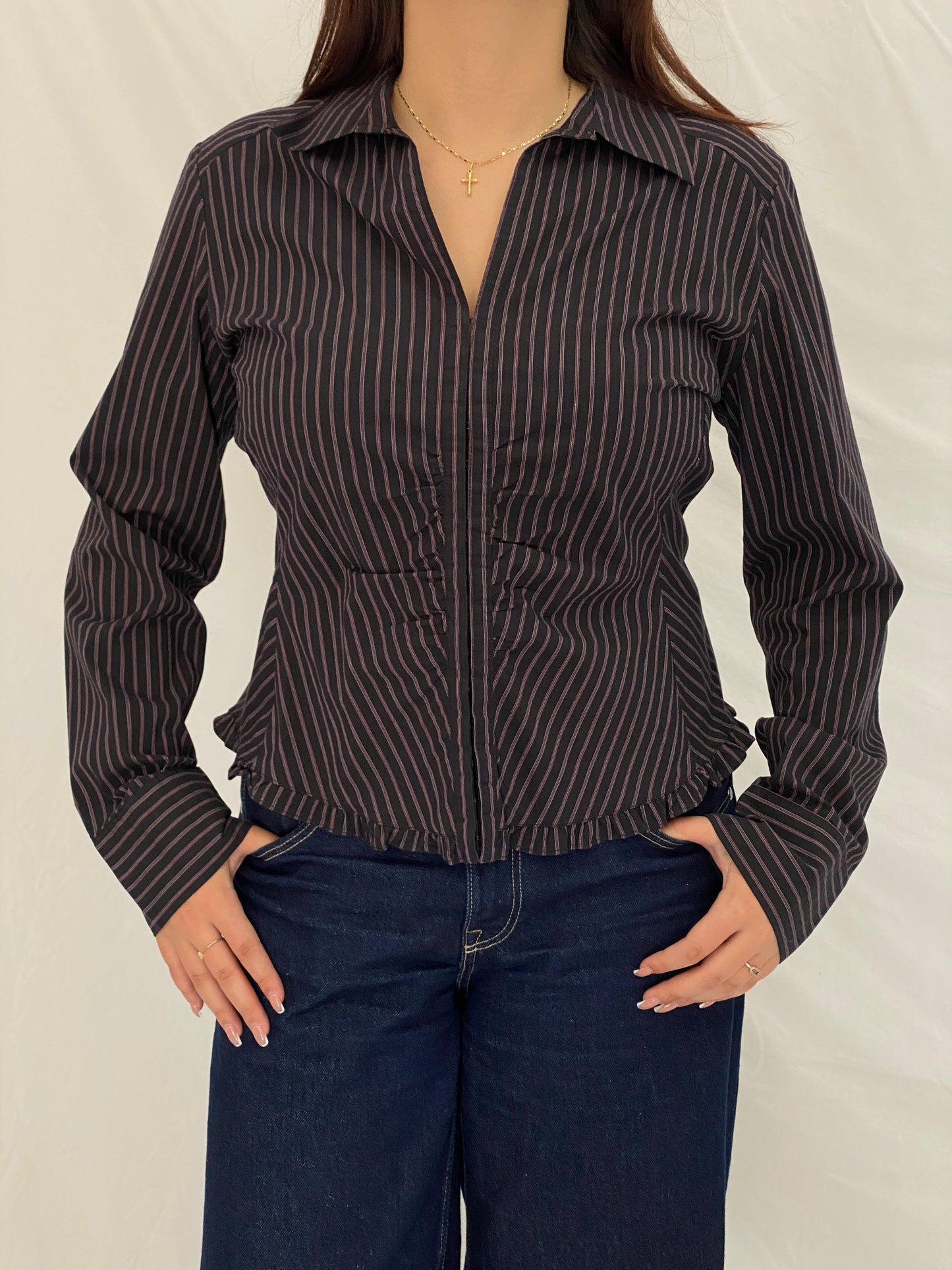 Vintage Y2K RW & Co. Black Pink Pinstripe Ruched Ruffle Zip-Up Blouse - XL