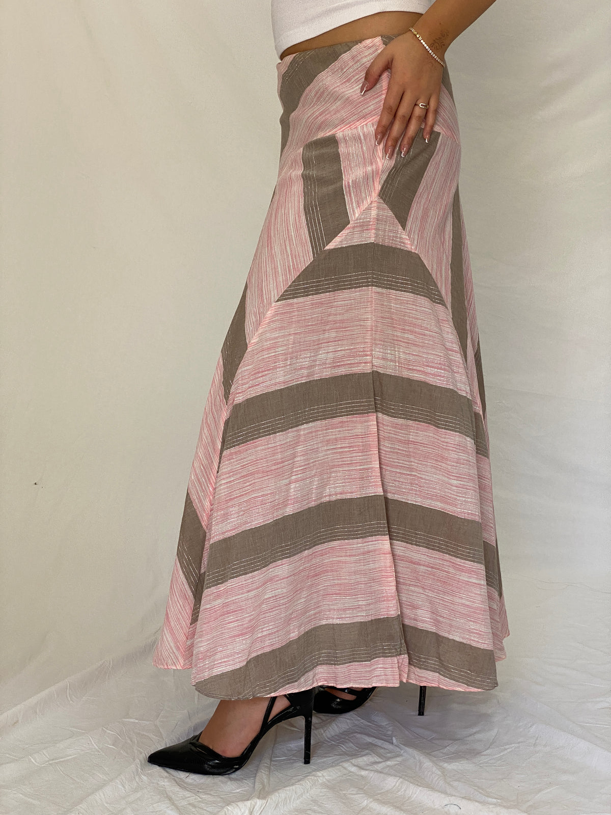 Vintage Y2K Woolworths Woman Pink & Taupe Linen Blend Chevron Maxi Skirt - M Vintage Y2K Woolworths Woman Pink & Taupe Linen Blend Chevron Maxi Skirt - M