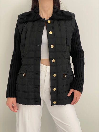 Vintage 90s Laurèl Black Quilted Jacket with Wool Knit Sleeves & Gold Buttons – M