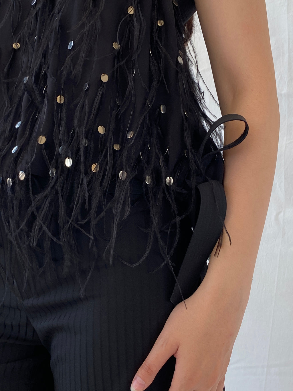 NWT Vintage FÉRAUD Paris Black Silk Feather Sequin Top - M