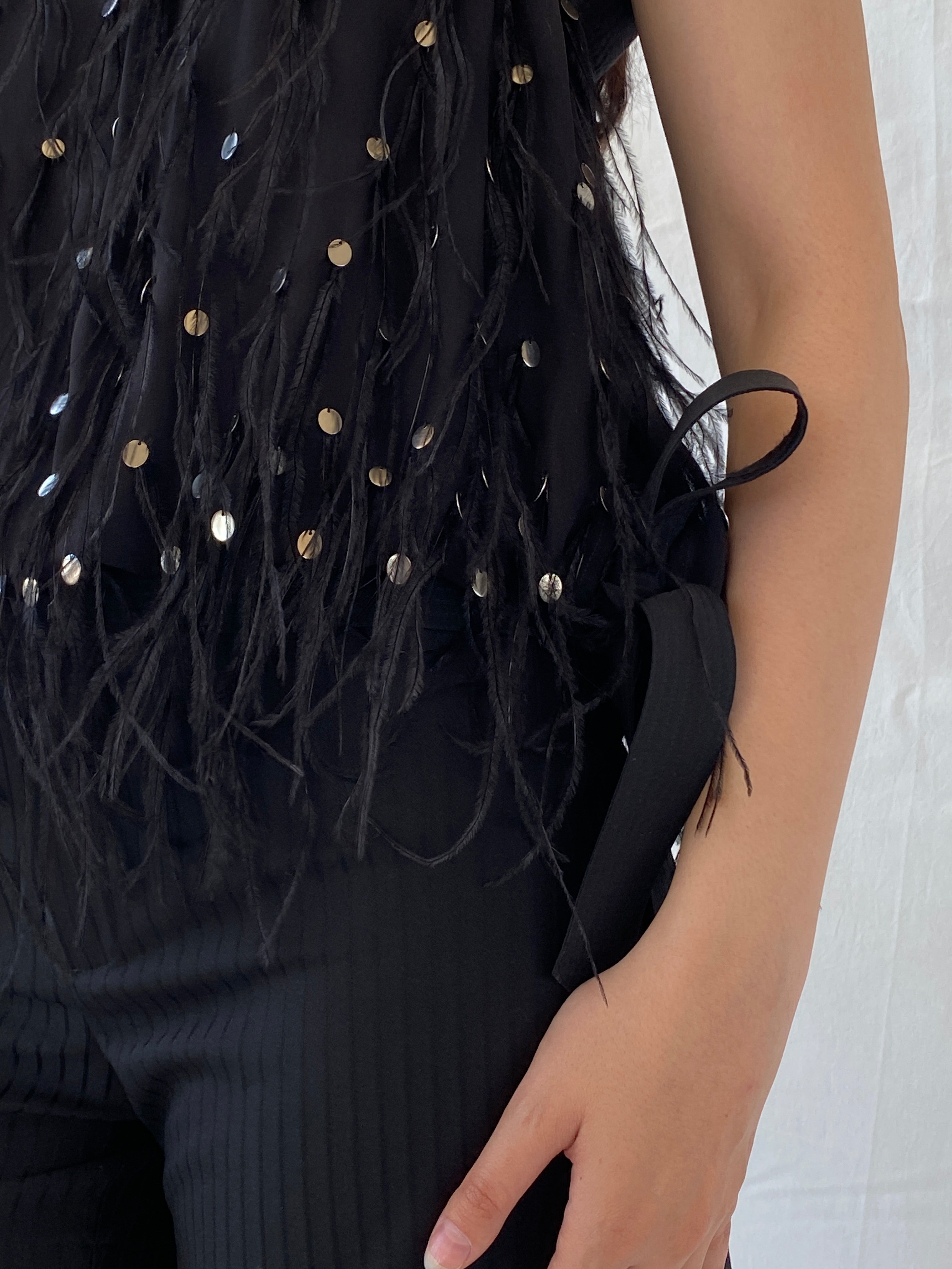 NWT Vintage FÉRAUD Paris Black Silk Feather Sequin Top - M