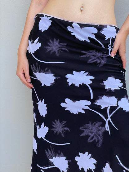 Vintage Y2K Black White Floral Maxi Monochrome Bias Cut Slip Skirt – L