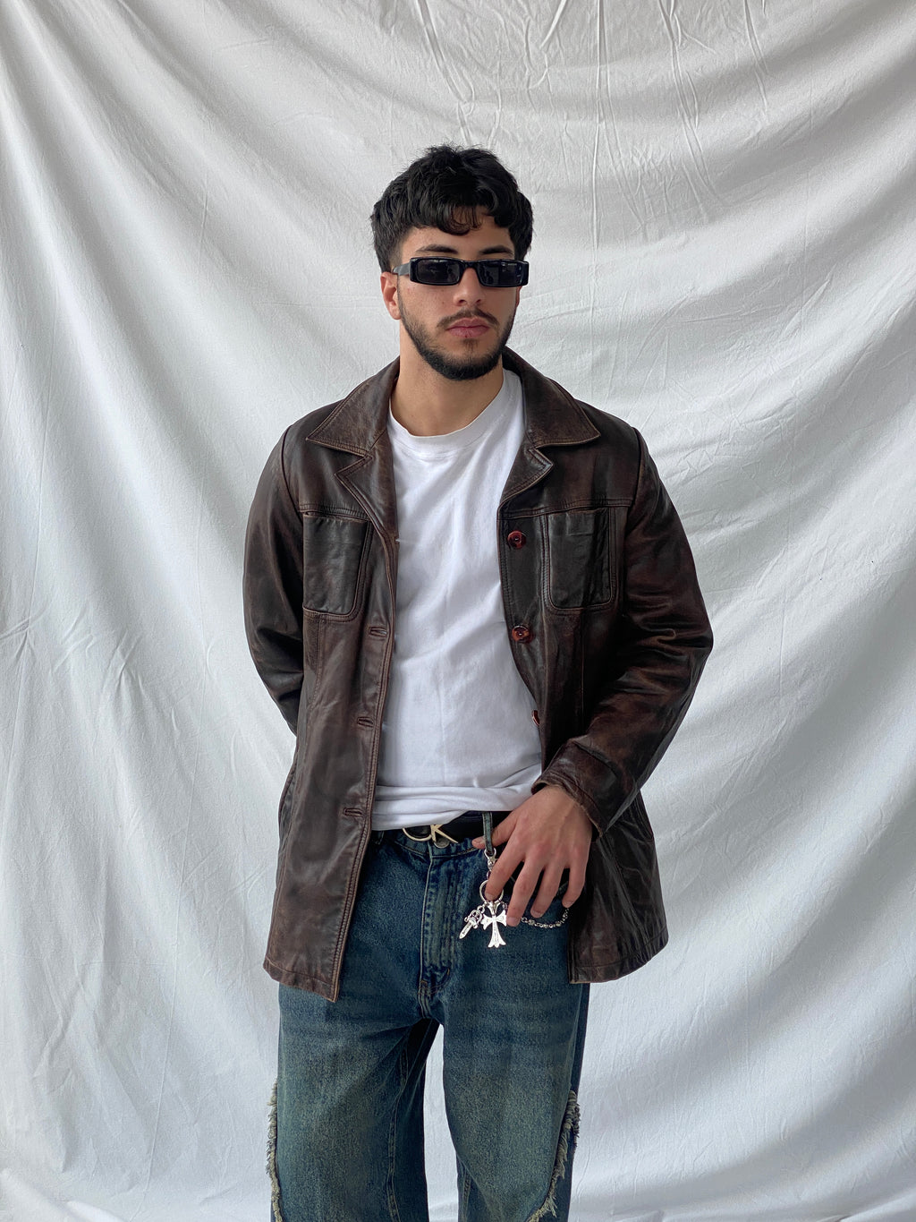 Vintage Saki Leather Brown Genuine Leather Buttoned Blazer Coat - M