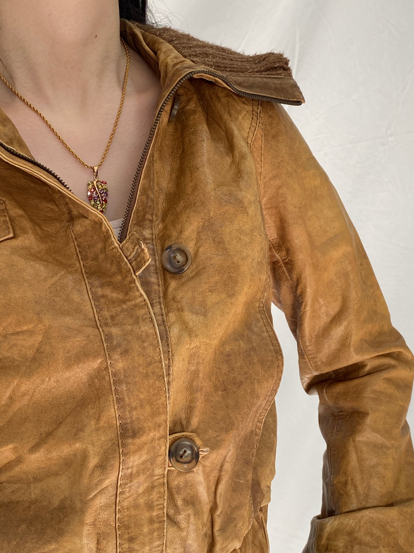 Y2K Jeim Basic Genuine Leather Tan Brown Distressed Cropped Jacket - S