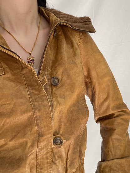 Y2K Jeim Basic Genuine Leather Tan Brown Distressed Cropped Jacket - S