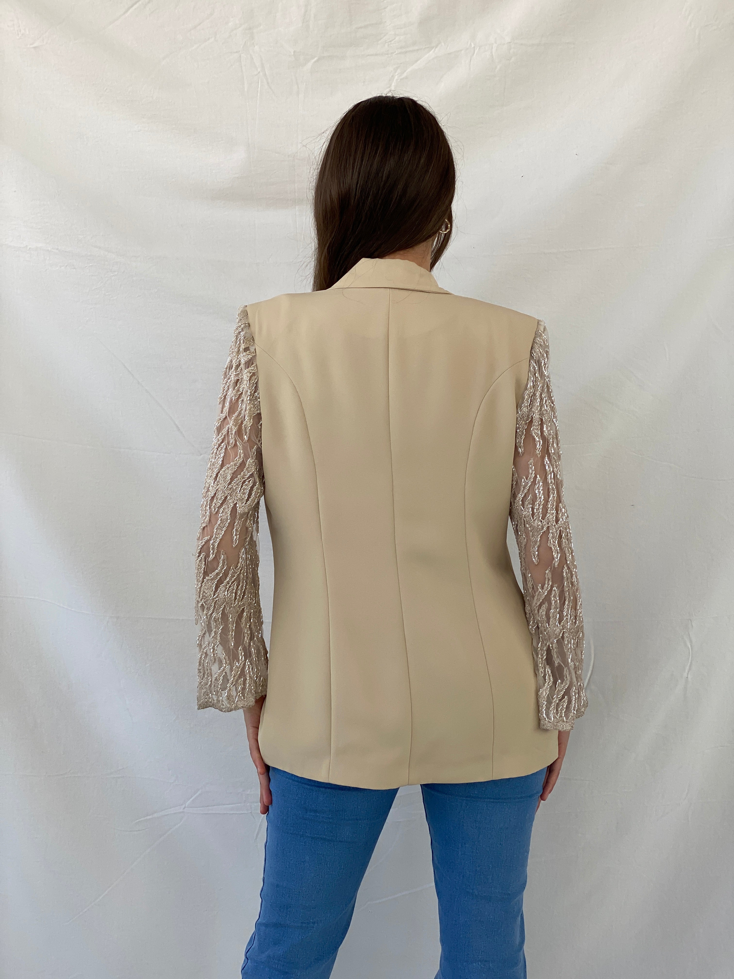 Elegant 00s Verona Beaded Mesh Sleeves Beige Evening Blazer - M