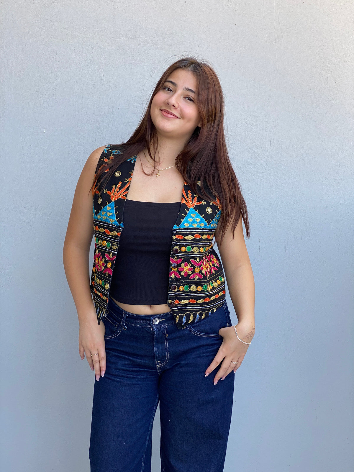 Vintage 90s Strike A Pose Black Embroidered Cotton Boho Festival Vest - S Vintage 90s Strike A Pose Black Embroidered Cotton Boho Festival Vest - S