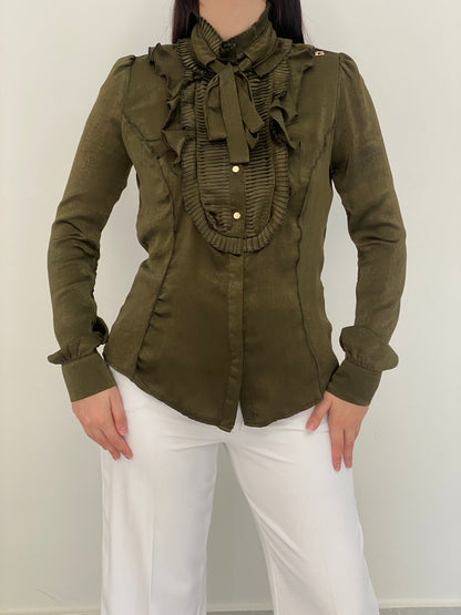 Goldie Estelle Olive Green Long Sleeve Shirt Ruffle Bow Blouse – M
