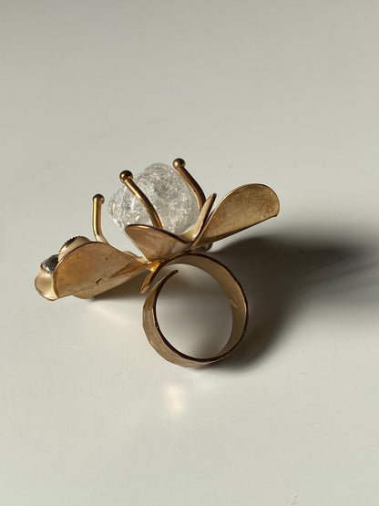 Vintage Enamel Flower Statement Ring with Crackle Glass Center - Gold Tone Art Jewelry