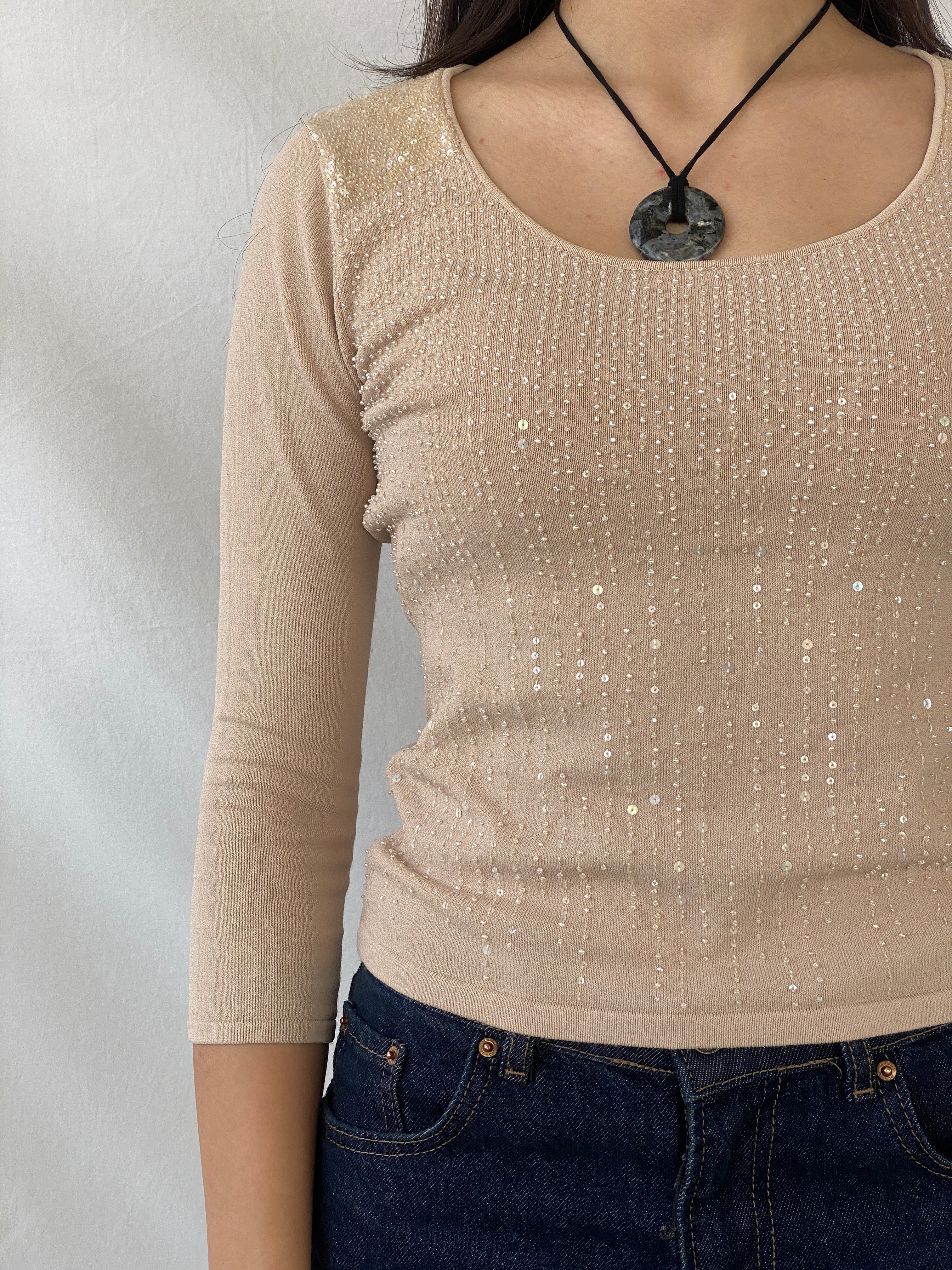 Y2K Caractêre Beige Beaded Round Neck Women’s Top - S