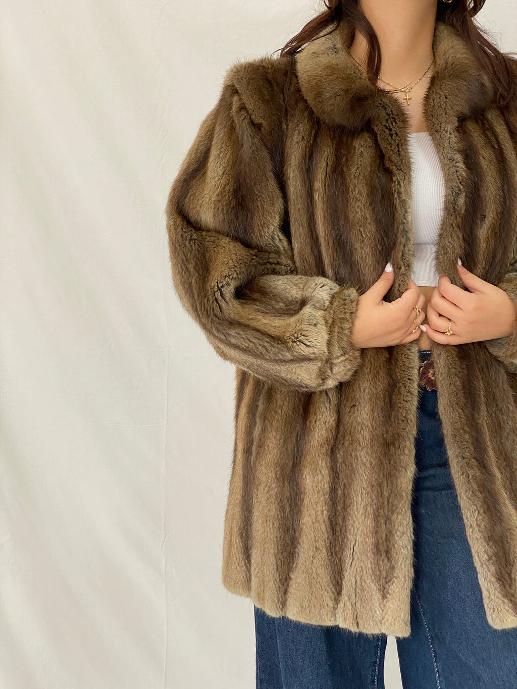 Vintage Natural Brown Mink Fur Coat Classic Mid-Length Luxury Winter Jacket - L