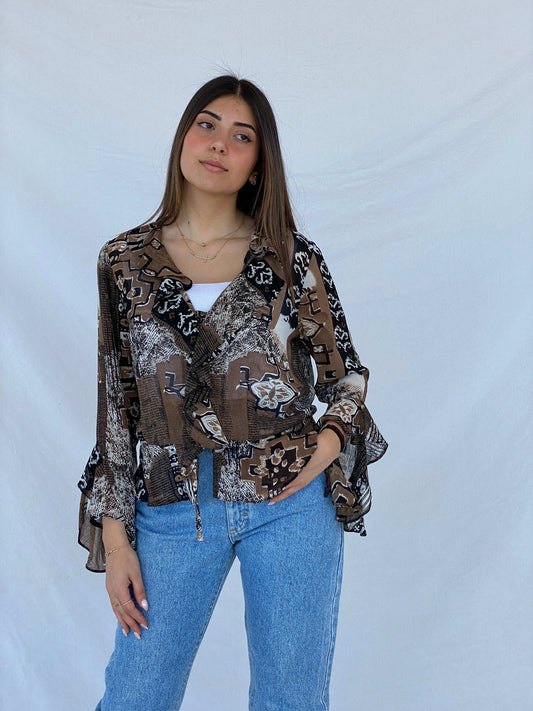 Vintage Sheer Boho Print Brown Cardigan Top - Size M - Balagan Vintage Cardigan 90s, cardigan, Juana, NEW IN, sheer, sheer shirt