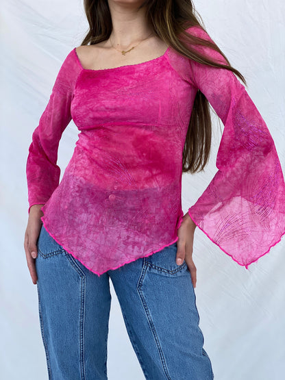 Beautiful Vintage 90s Orsay Bell Sleeve Fairy Glittery Pink Top - S