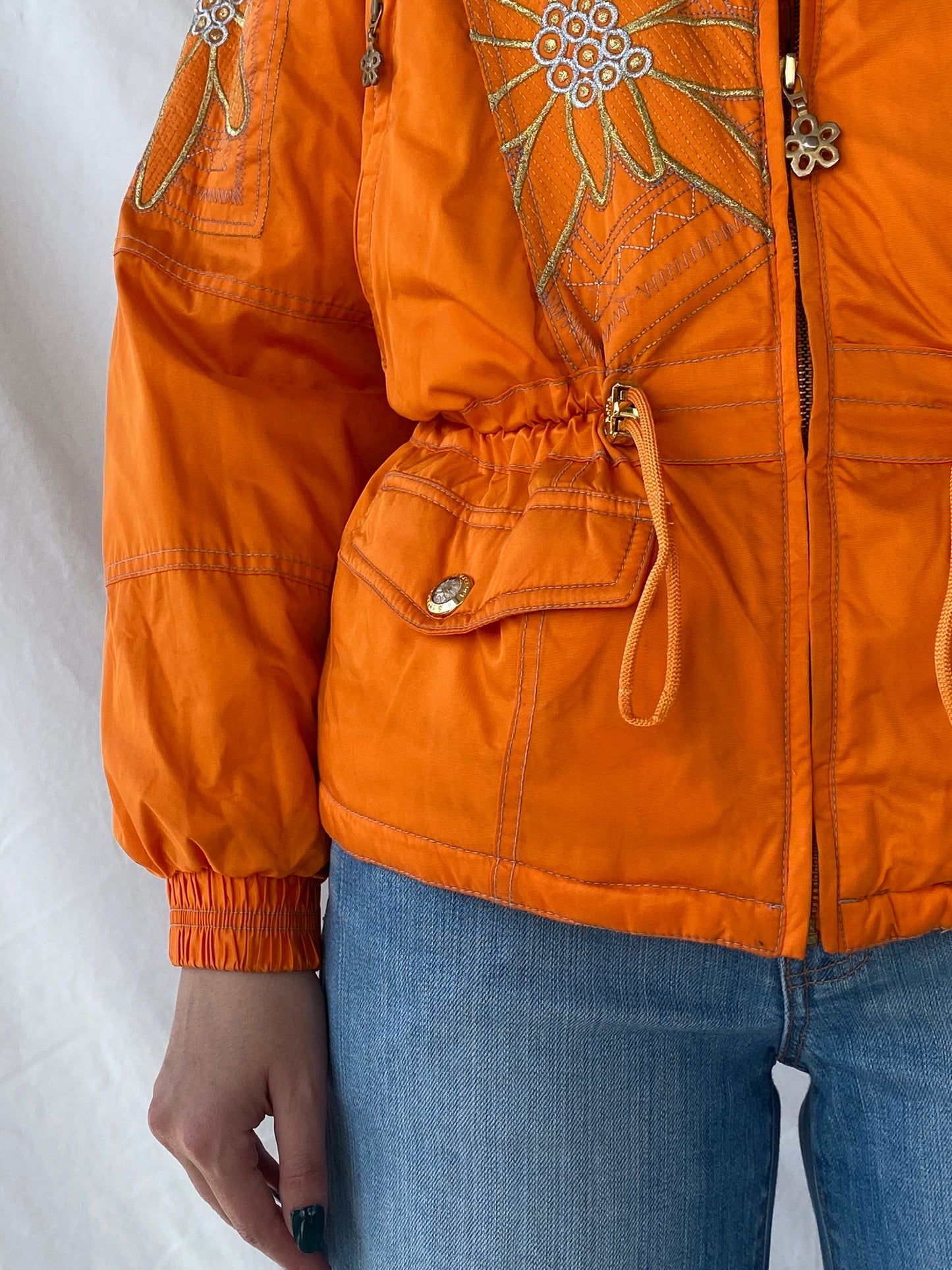 Vintage 80s/90s Slazenger Ski Orange Gold Floral Embellished Puffer Jacket - L