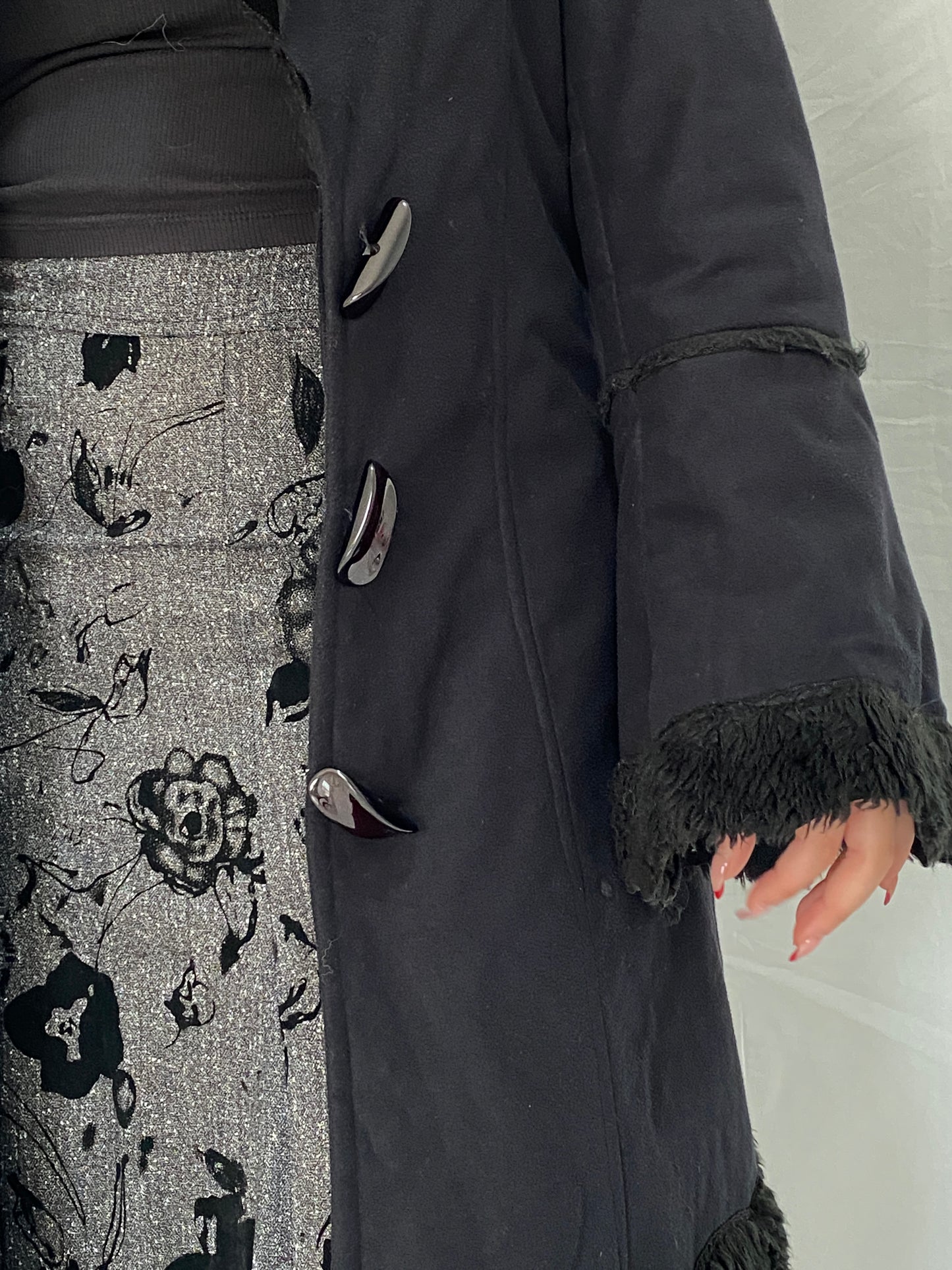 Vintage De Blue Black Penny Lane Faux Fur Lined Long Coat Toggle Closure Jacket - M