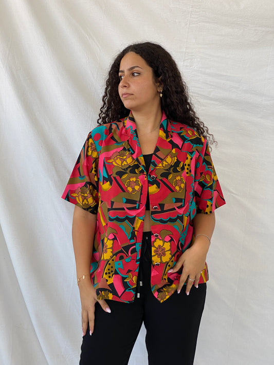 Vintage Handmade Floral Multi-Colored Half-Sleeve Shirt - XL