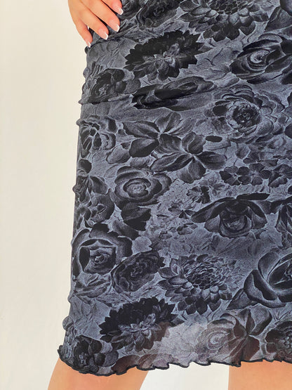 Vintage Y2K Jennyfer Black & Grey Floral Mesh Midi Skirt - L