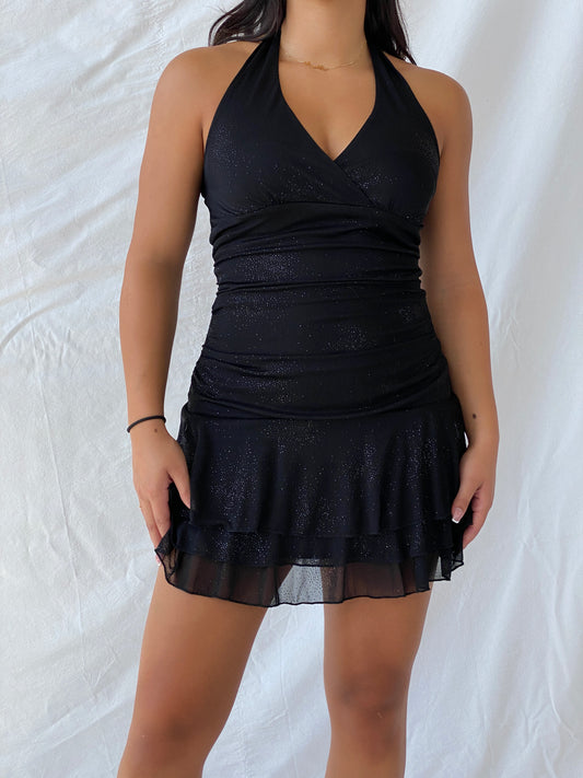 Vintage 00s Trixxi Mini Glittery Black Halter Dress - S