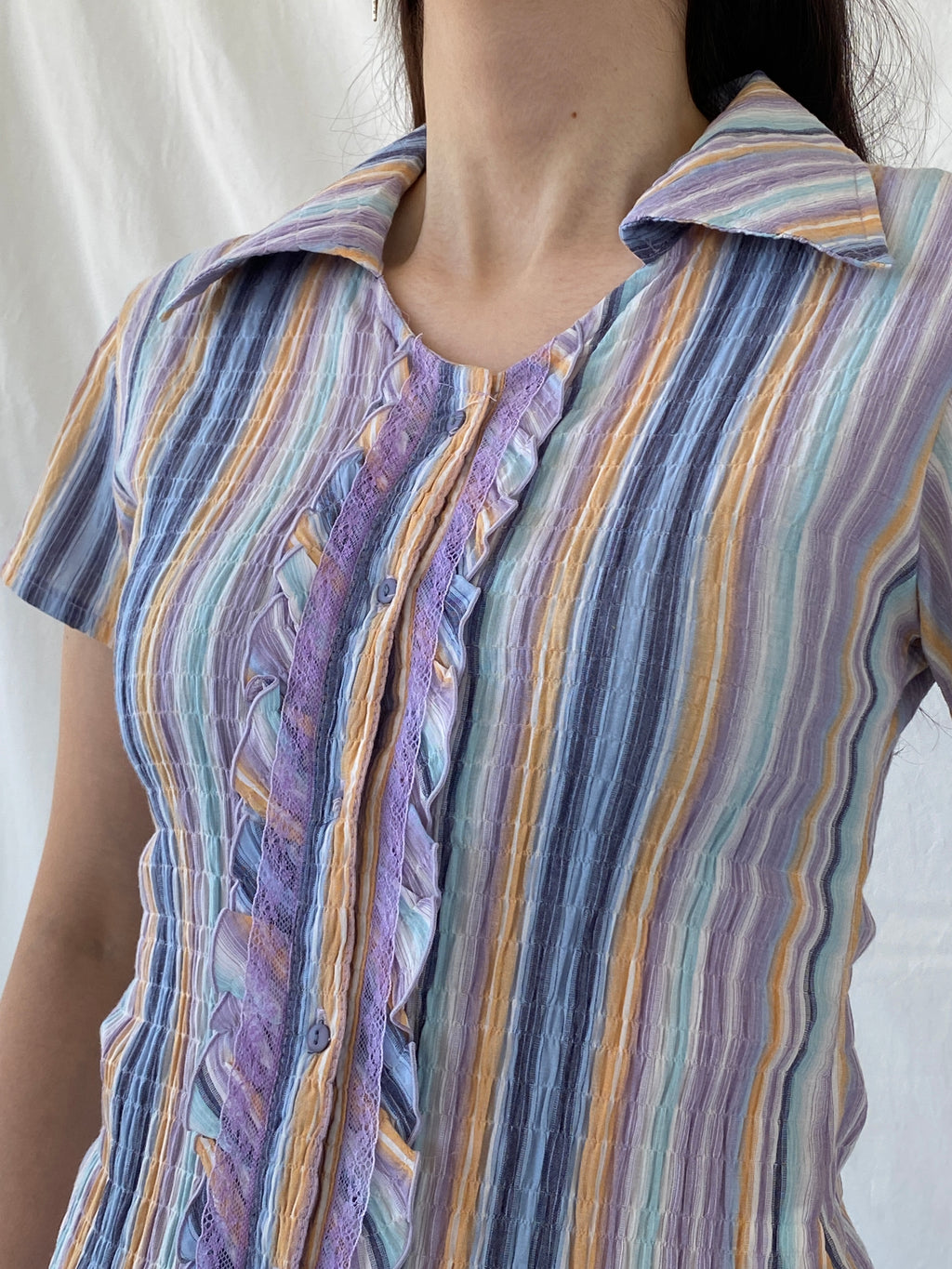 Y2K Pastel Purple Blue Striped Cut Out Back Scrunch Short Sleeve Shirt- M