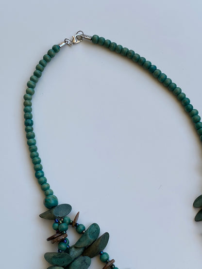 Vintage Boho Green Multi-Strand Wood Beaded Necklace