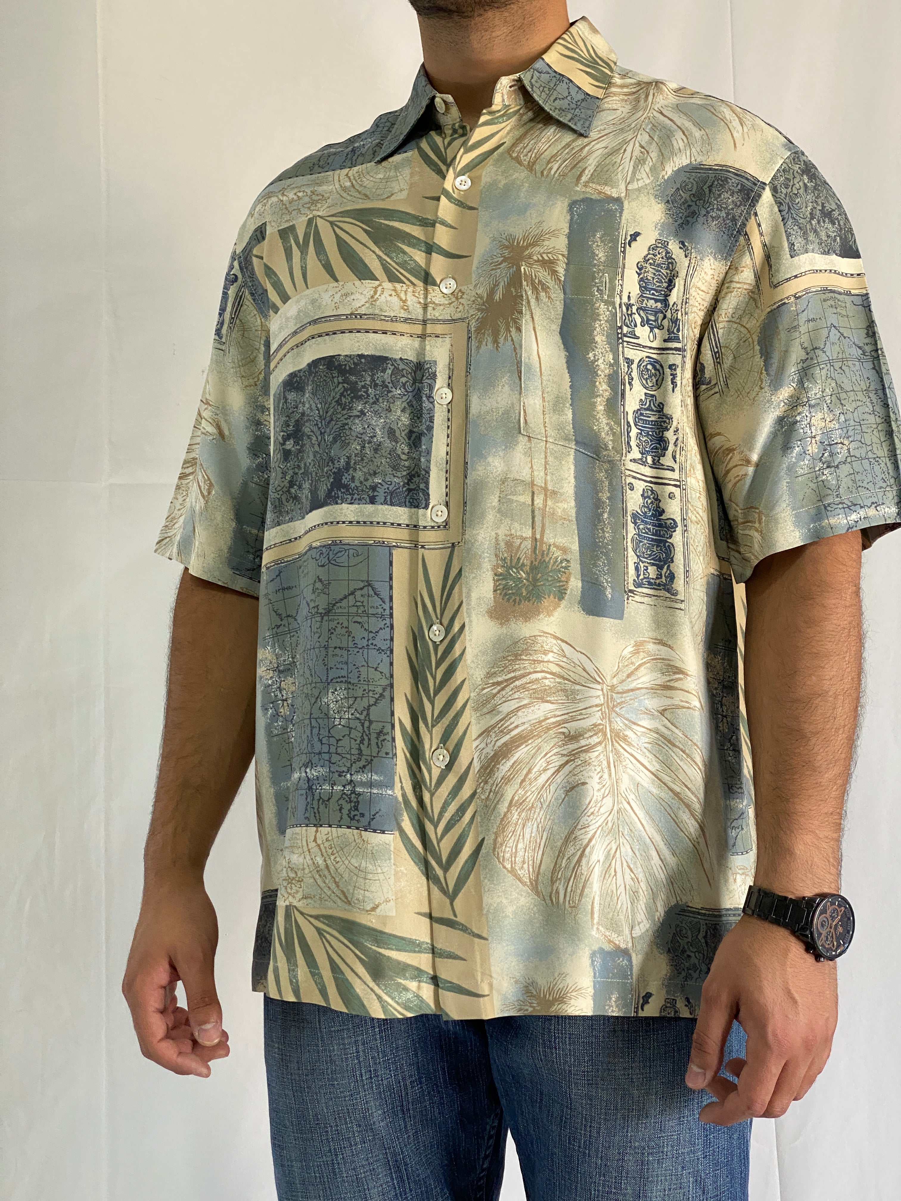 Vintage Tori Richard Silk Hawaiian Palm & Map Print Men’s Shirt - L