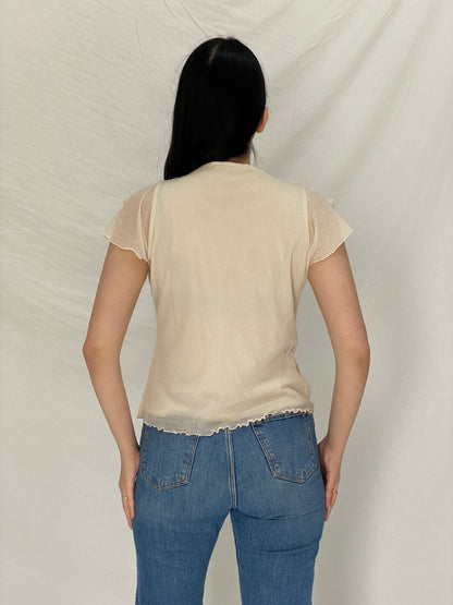 Vintage Y2K BHS Cream Beaded Mesh Top Sheer Sequin Embellished Blouse - L