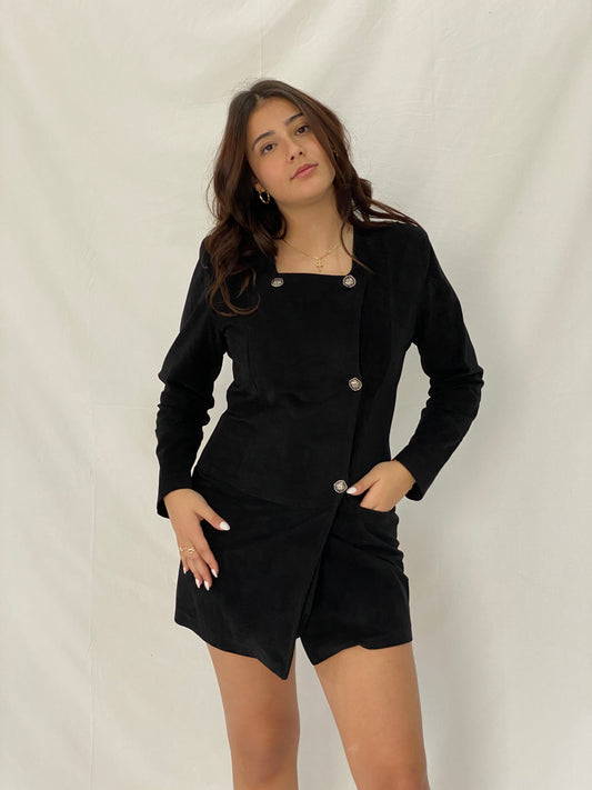 Vintage Black Suede-Look Fitted Blazer Mini Dress Asymmetrical Button Detail Long Sleeve Office Dress - S