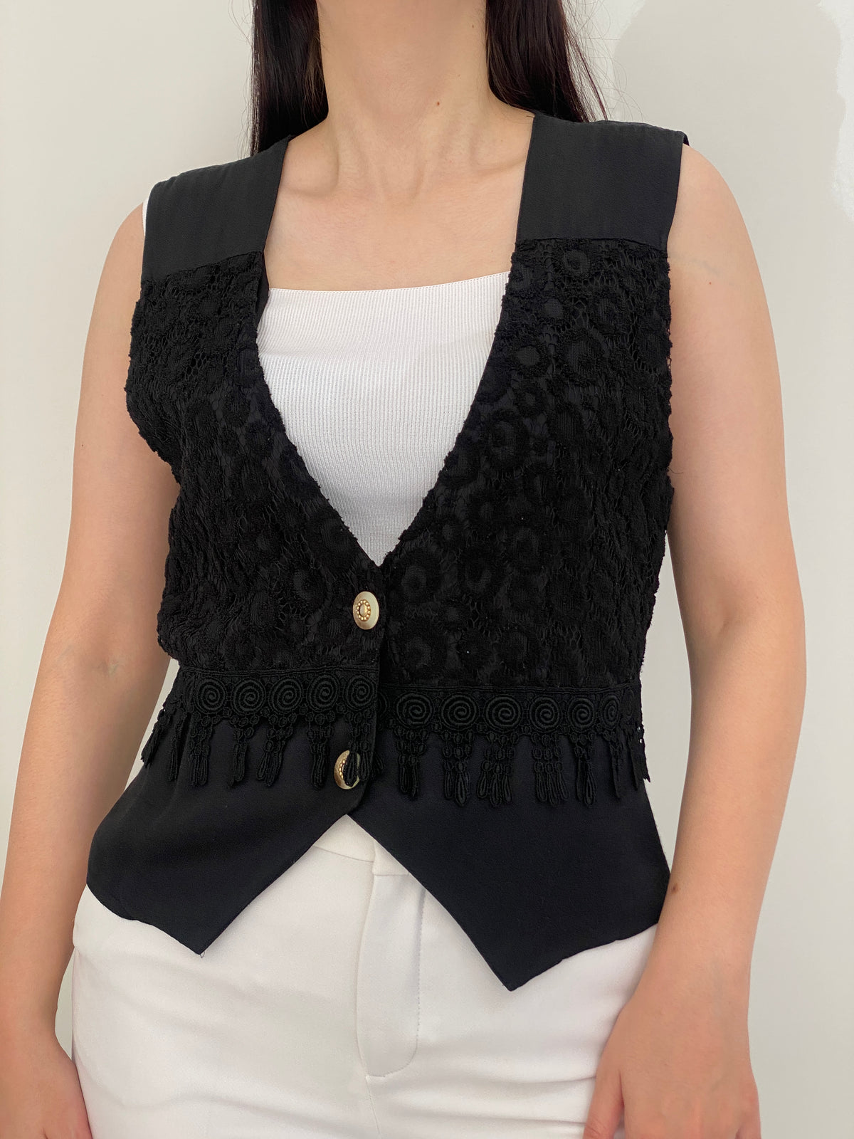 Vintage 90s Black Lace Romantic Tailored Waistcoat Vest - M