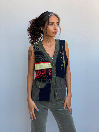 Vintage 90s Nancy Bolen Olive Green Patchwork Boho Vest – M