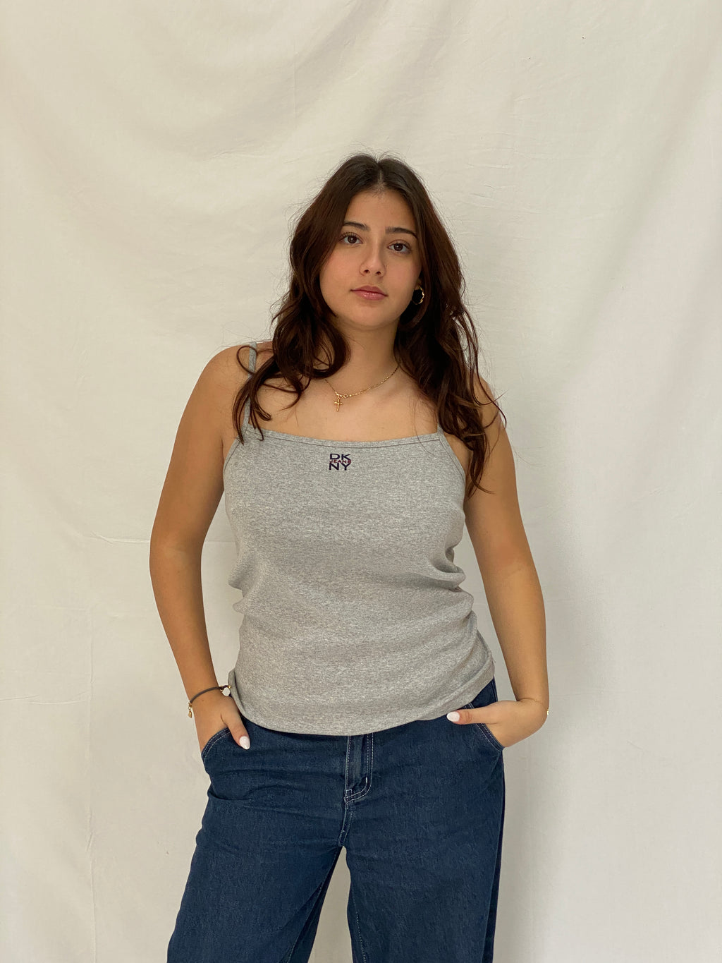 Vintage Y2K DKNY Grey Tank Top Minimalist Logo Cami, Stretchy Basic - M