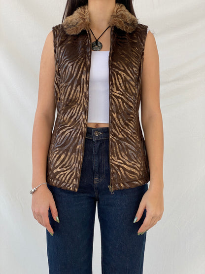 PR Powder River Outfitters Women’s Brown Zebra Fur-Collar Zip Up Fur Lined Vest - S