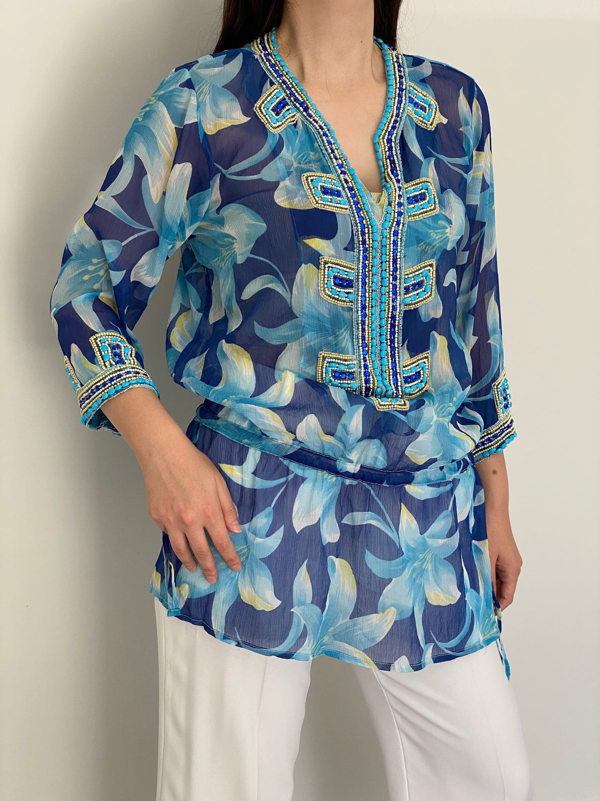 Vintage Y2K Key Lime & Pink Blue Floral Beaded Sheer Boho Tunic Top - L