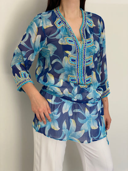 Vintage Y2K Key Lime & Pink Blue Floral Beaded Sheer Boho Tunic Top - L