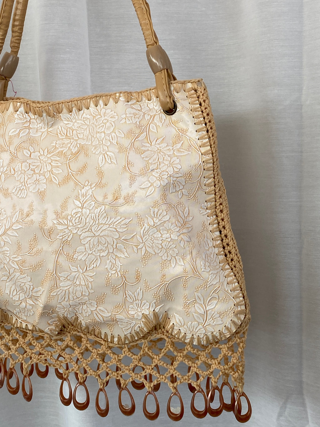 Y2K Beige Floral Embossed Canvas  Beaded Crochet Handbag