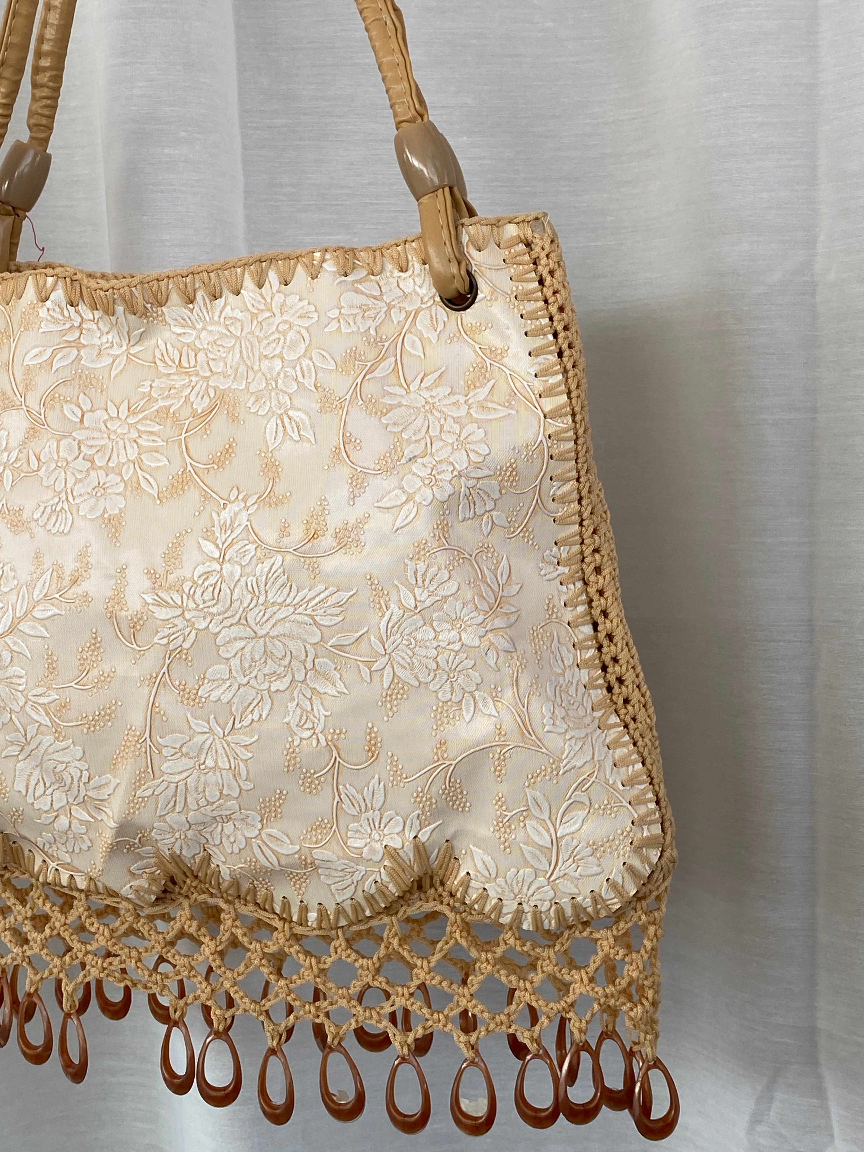 Y2K Beige Floral Embossed Canvas  Beaded Crochet Handbag