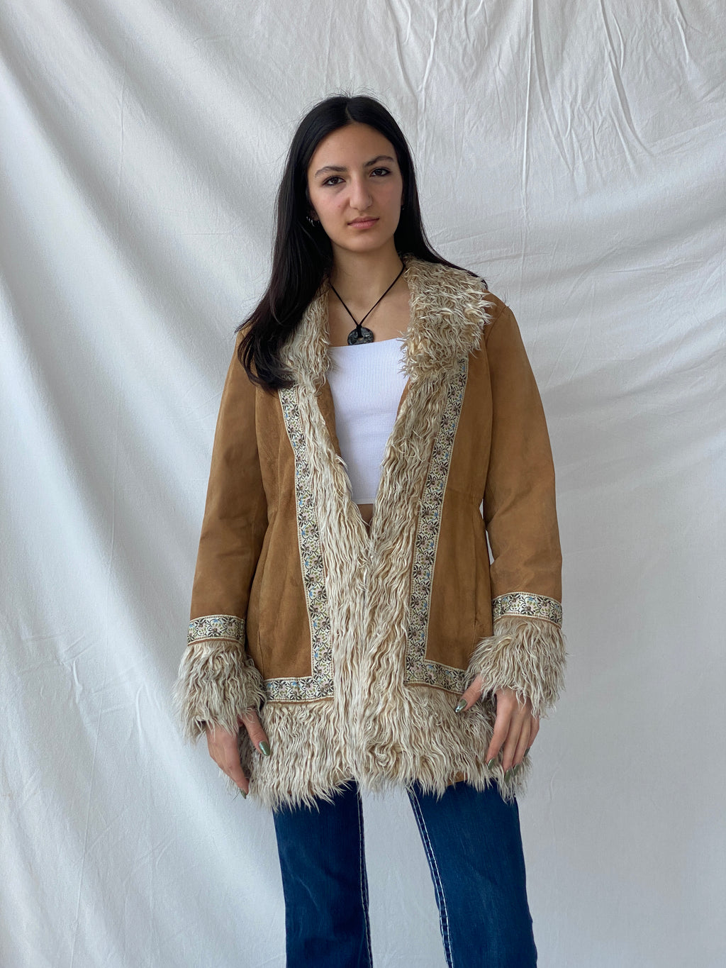 Vintage Y2K Xhilaration Genuine Suede Penny Lane Afghan Style Fur-Lined Floral Embroidered Coat - XL