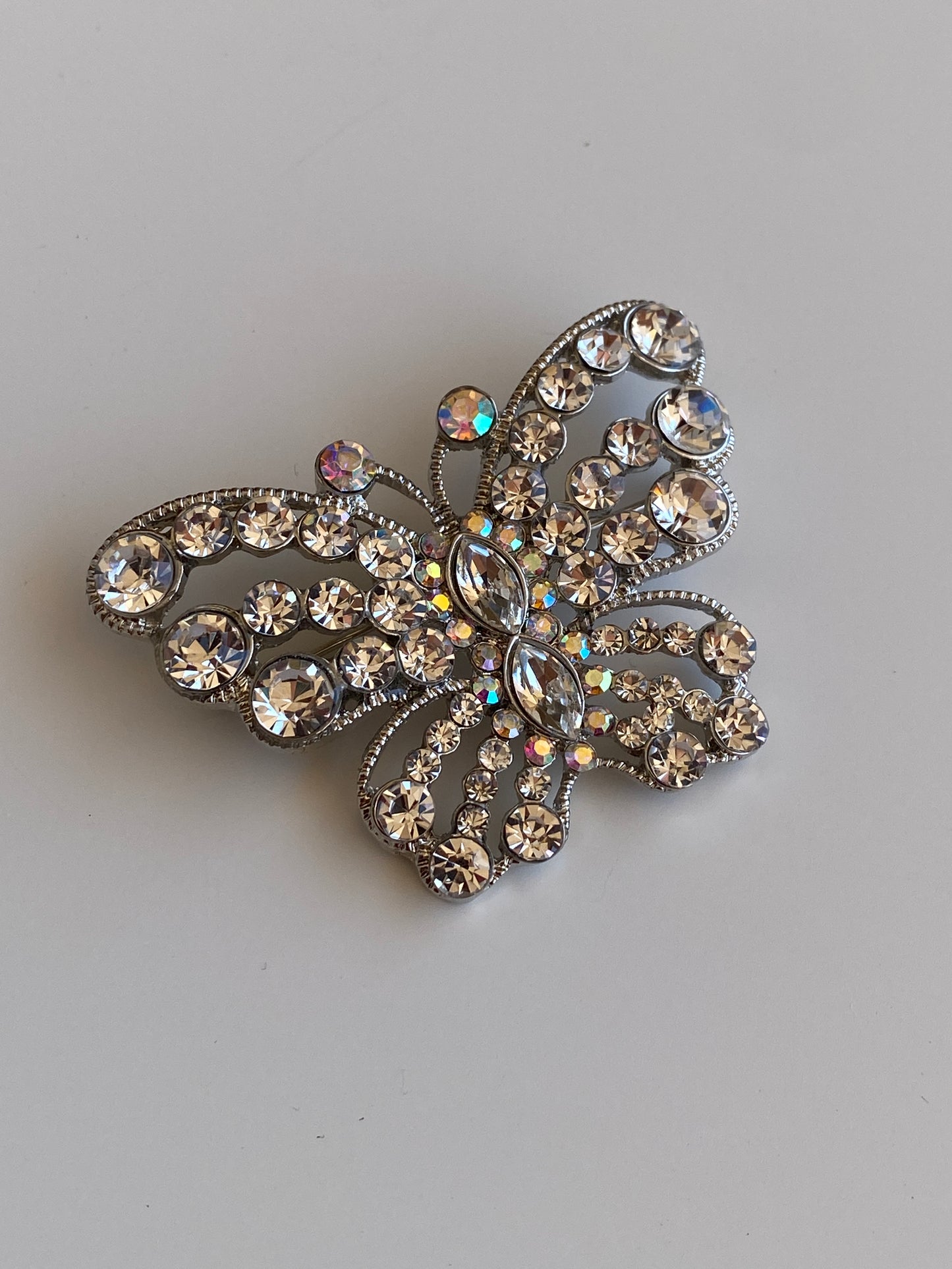 Statement Vintage Silver-Tone Clear Rhinestone Butterfly Brooch