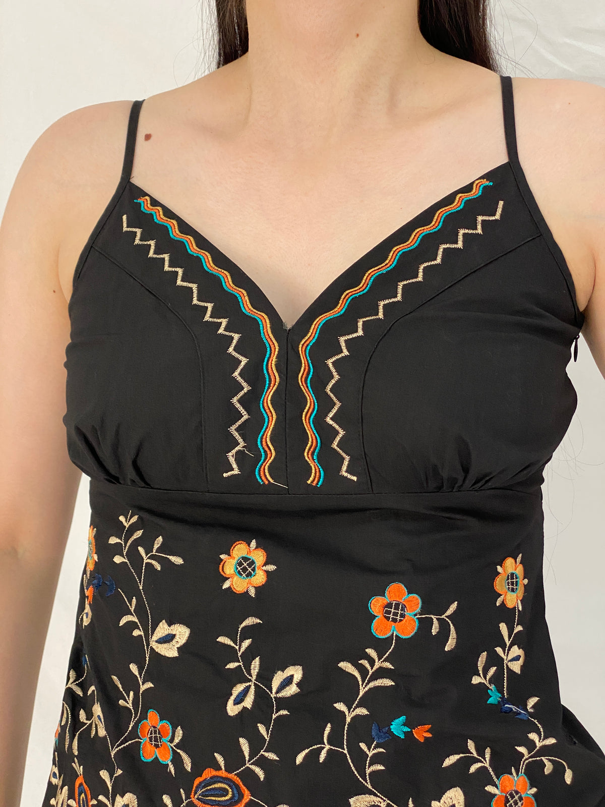 Y2K Black Floral Embroidered Cotton Cami Top – S
