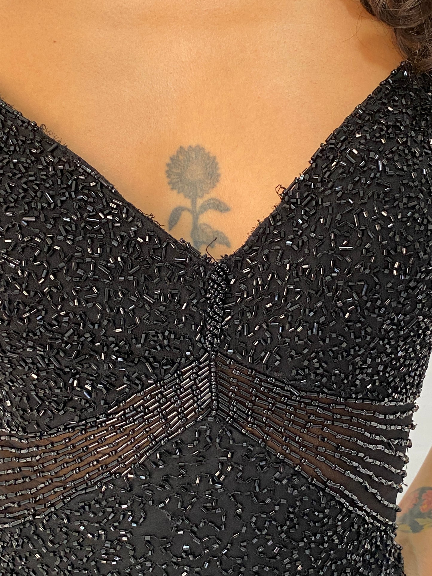 Vintage Y2K Scala Black 100% Silk Beaded Sheer Waist Evening Midi Dress - S