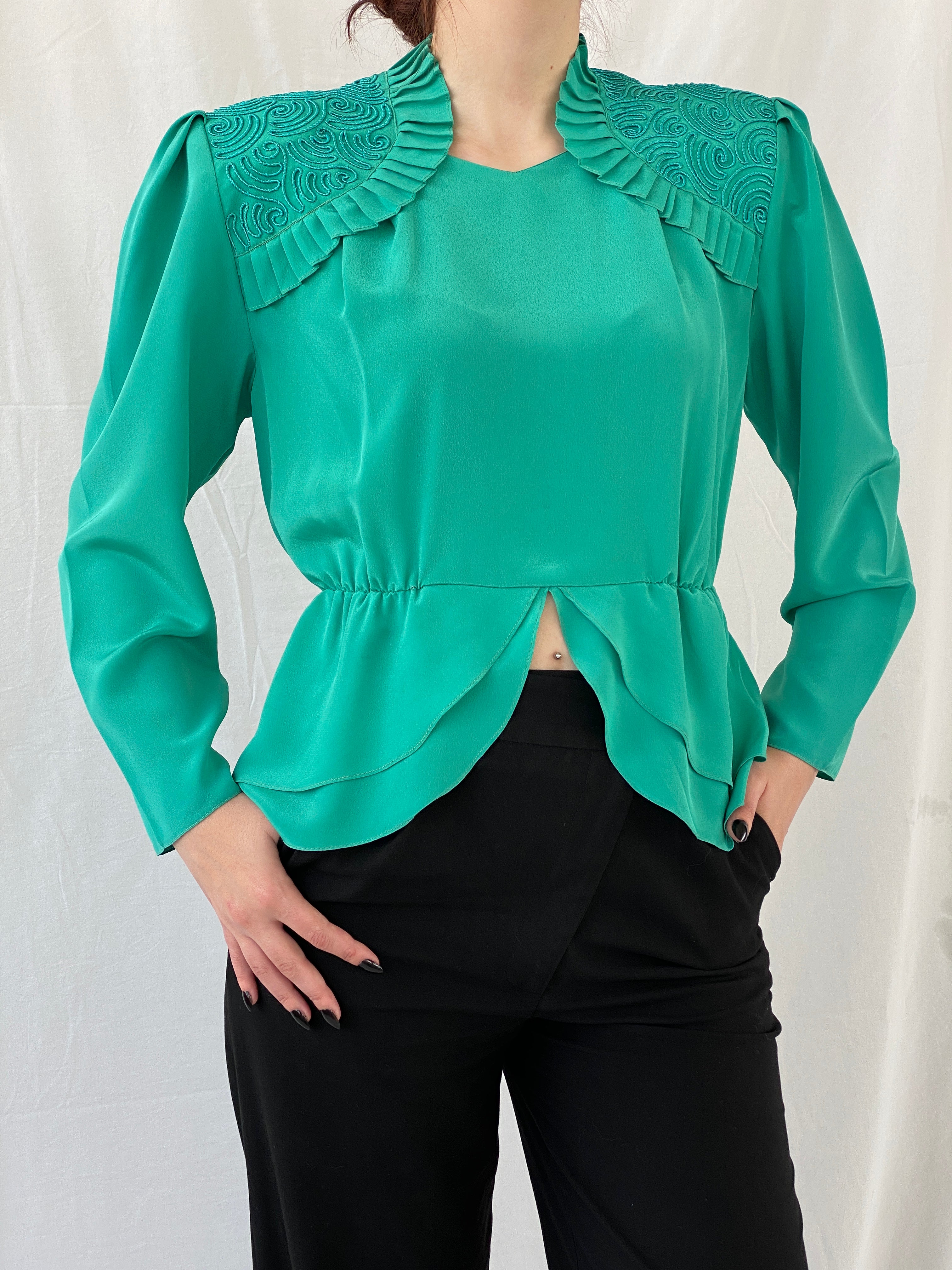 Vintage Doruk Green Embellished Padded Shoulders Long Sleeve Satin Blouse - L