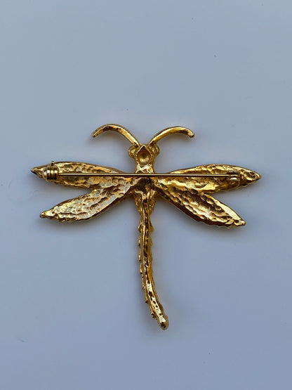 Vintage Gold Tone Enamel Dragonfly Brooch Blue & Green Winged Statement Pin