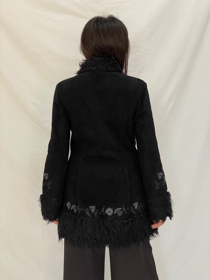 Vintage NEXT Black Embroidered Faux Suede Penny Lane Coat Y2K Boho Shaggy Trim Jacket - M
